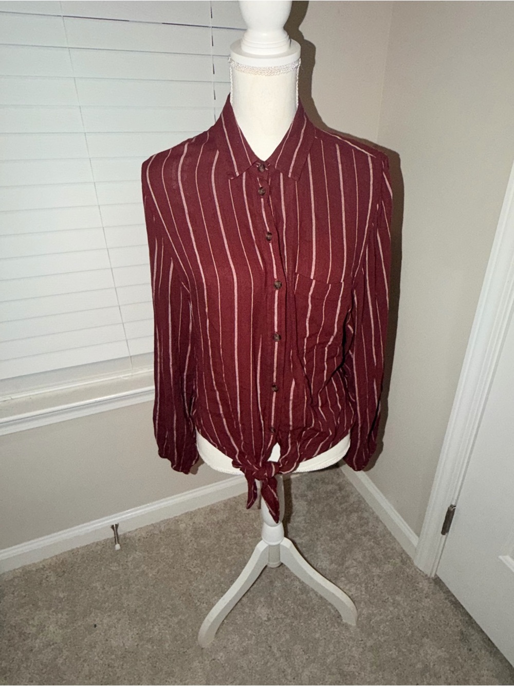 American Eagle Outfitters Burgundy Striped Tie-Front Button Down Shirt